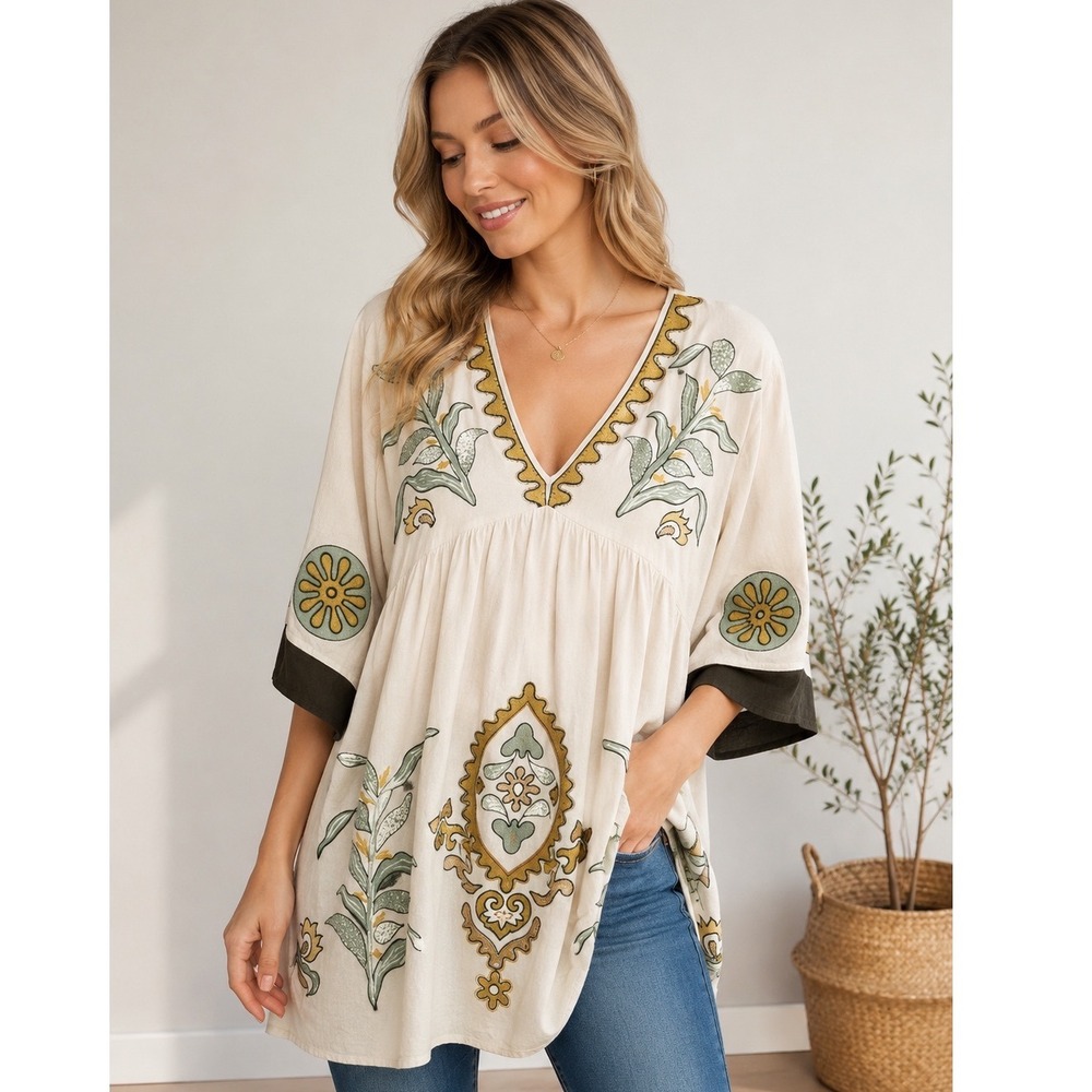 Bluivy Women Medium Cream Olive Embroidered Boho Artisan Cotton Flowy Tunic Top